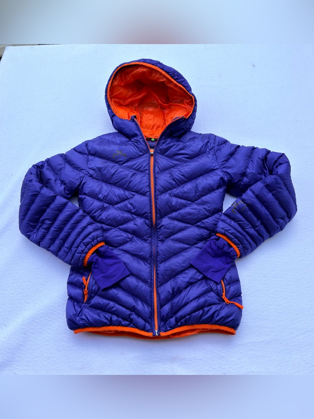 Powderhorn Women Goose Down Puffer Jacket Purple Orange Hooded Ski Coat - Small